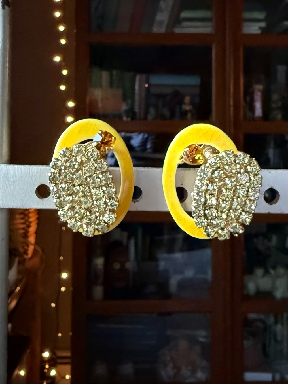MCM Yellow Rhinestone and Enamel Clip On Earrings - Vendome